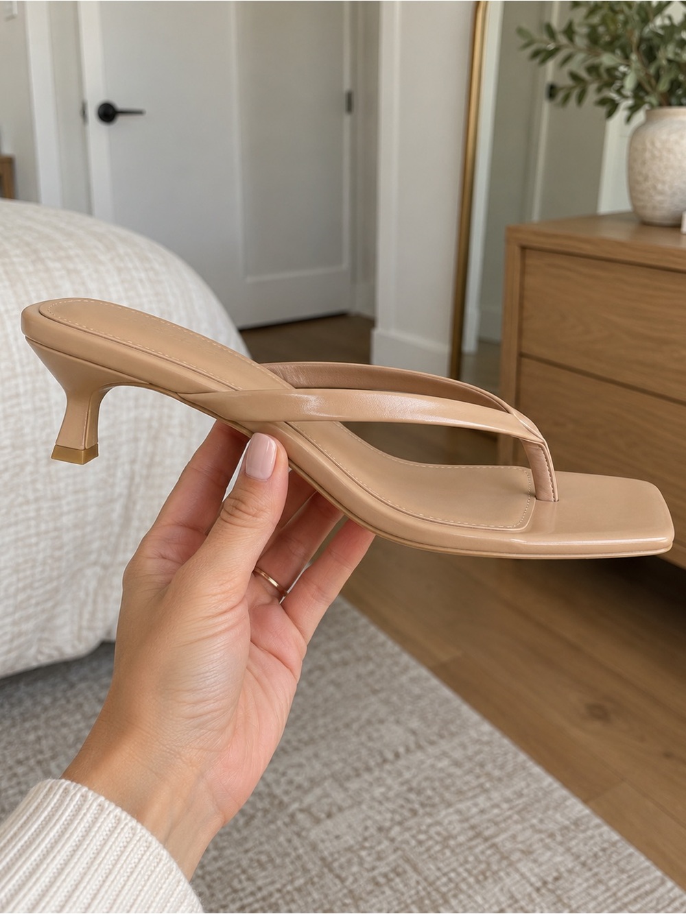 Women's Neutral Tan Square Toe Kitten Heel Thong Sandals